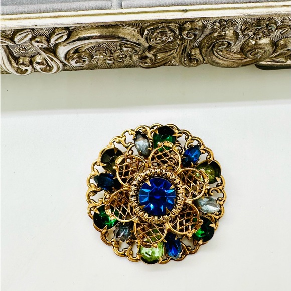 Vintage Filigree Rhinestone Brooch - Picture 1 of 10